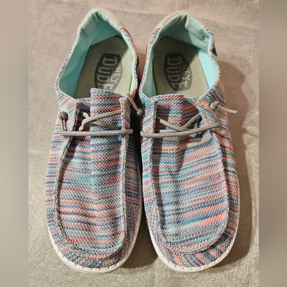 Hey Dude Multicolor Knit Slip-On Sneakers (Blue, Pink, Gray)